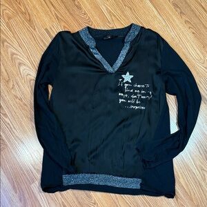 ELISSIA Made in Italy Black V-Neck Blouse - Shimmer Trim & Star Graphic - Size L